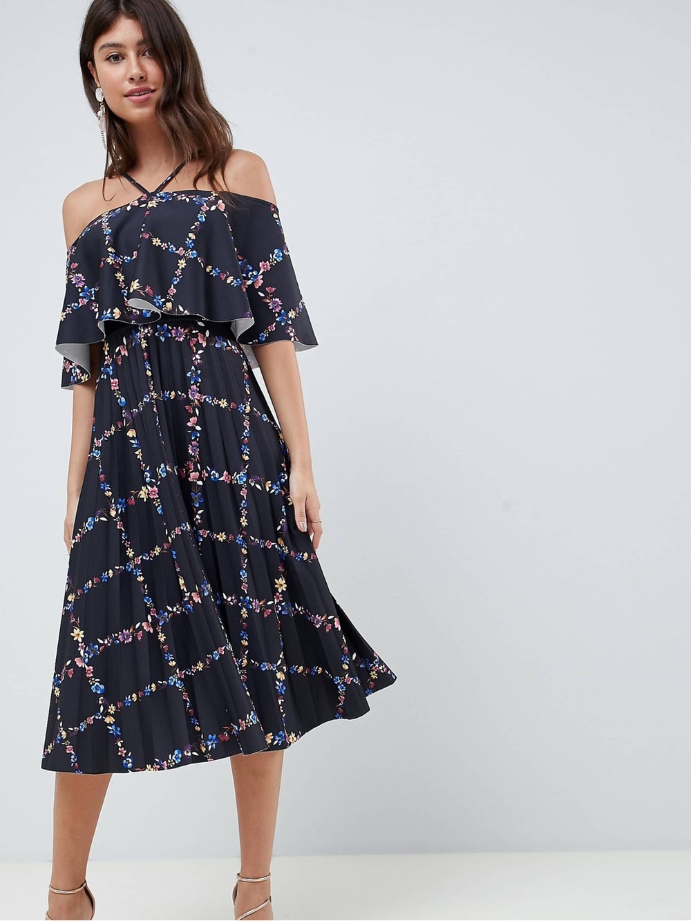 ASOS floral pleated midi dress off-the-shoulder